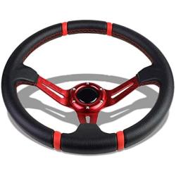 Black Leather/Red 3 Spokes/Red Stitch and Stripe 3.50'' Deep Dish 70mm 6-Bolt Pattern 320mm (12.60'' Inches) Steering Wheel