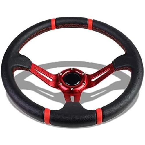 Black Leather/Red 3 Spokes/Red Stitch and Stripe 3.50'' Deep Dish 70mm 6-Bolt Pattern 320mm (12.60'' Inches) Steering Wheel