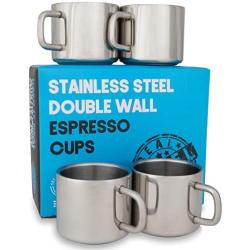 Stainless Steel Espresso Cups: Set of 4 Double Wall Insulated 3 Ounce Small Metal Cups with Handle, Shatterproof, Demitasse, Keeps Espresso Hot