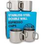 Stainless Steel Espresso Cups: Set of 4 Double Wall Insulated 3 Ounce Small Metal Cups with Handle, Shatterproof, Demitasse, Keeps Espresso Hot