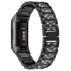 Shangpule Bling Bands Compatible with Fitbit Charge 4 / Charge 3 / Charge 3 SE Bands, Replacement Strap with Rhinestone Bracelet Wrist Band Accessories Women Man Large Small(Black)