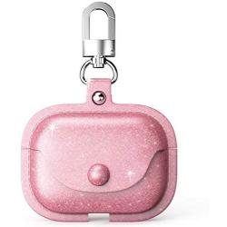 wenew Leather Case for Airpods Pro 2019, Glitter Bling Sequin Sparkle Cute PU Case Shockproof Protective Pouch Skin Slim Metal Clasp Keychain Carabiner (Pink Glitter)