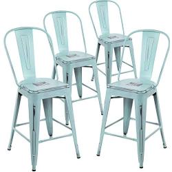 YOUNIKE Metal Bar Stools with High Back 24 Inches Set of 4 Stackable Modern Industrial Distressed Metal Counter Height Indoor Outdoor Kitchen Chairs Green-Blue