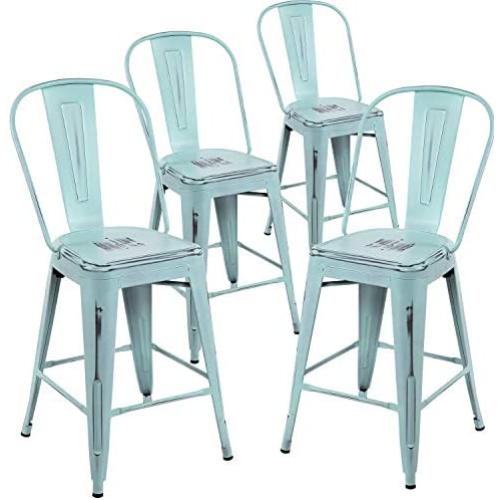 YOUNIKE Metal Bar Stools with High Back 24 Inches Set of 4 Stackable Modern Industrial Distressed Metal Counter Height Indoor Outdoor Kitchen Chairs Green-Blue