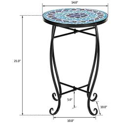 VINGLI Mosaic Accent Table, 14'' Round Side Table,End Table, Plant Stand Decor for Patio Porch Beach Theme Balcony Back Deck Pool Indoor Outdoor Coffee, Metal Cobalt Glass Top Black Iron(Blue Ocean)