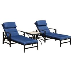 Festival Depot 3 Pieces Patio Outdoor Chaise Lounge Chairs with Cushions Set with Coffee Table Premium Fabric Metal Frame Furniture Garden Bistro Soft Headrests (Blue)