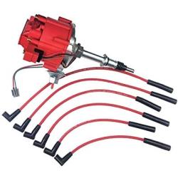 A-Team Performance HEI Distributor Red Cap and Spark Plug Wires Red Set Compatible with AMC Jeep Inline 6 Cylinder 232 258 CJ5 CJ7