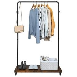 Tangkula Industrial Pipe Style Rolling Garment Rack Clothes Rack with Wood Shelf, Heavy Duty 2 in 1 Clothes Stand Rack with Lockable Casters, Anti-Slip Stoppers for Laundry Room (Black & Rustic Brown)