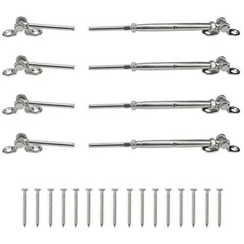 Muzata 4 Pairs Stainless Steel Cable Railing Kit Systems Fit 1/8'' Wire Rope,Angle 180° Adjustable Swage Toggle Turnbuckle Tensioner and End fititing,T316 Marine Grade,CK07,Series CA1 CD1 CS1