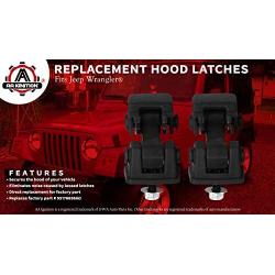 Hood Latches Set of 2 - Replaces 55176636AD, 68038118AA, 42422 - Fits 1997, 1998, 1999, 2000, 2001, 2002, 2003, 2004, 2005, 2006 Jeep Wrangler TJ - Hold-Down Hook Latch Pair - Year Models 1997-2006