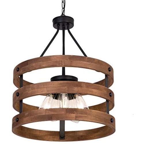 DERALAN Modern Rustic Chandelier Circular Wood Chandeliers Round Wooden Five Lights Farmhouse Chandeliers Island Pendant Lighting Fixture Industrial Metal Retro Ceiling Lights for Dining Room Kitchen