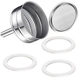 Moka Express Replacement Funnel Kits, 3 Packs Replacement Gasket Seals, 1 Stainless Steel Replacement Funnel with 1 Pack Stainless Filter Replacement (6-Cup)