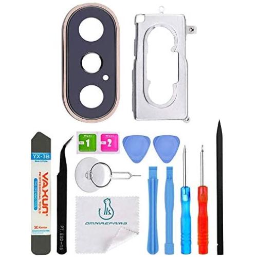 OmniRepairs OEM Rear Facing Glass Camera Lens Replacement with Metal Frame Bracket Bezel Compatible for iPhone X and iPhone Xs Models with Repair Toolkit (Gold)