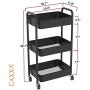 CAXXA 3-Tier Rolling Metal Storage Organizer - Mobile Utility Cart, Kitchen Cart with Caster Wheels (Black)