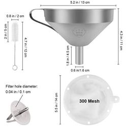 Stainless Steel Funnels for Kitchen, Food Grade Metal Funnels with 300 Mesh Food Filter, Detachable Strainer and Cleaning Brush for Transferring of Liquid, Fluid, Oil, Juice, Powder