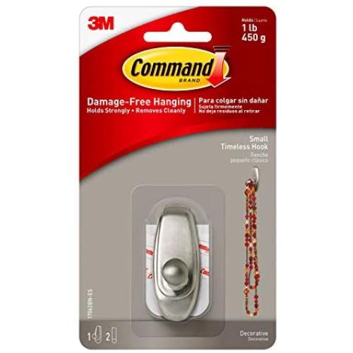 Command Timeless Hook, Small, Brushed Nickel, 1-Hook (17062BN-ES), Decorate Damage-Free