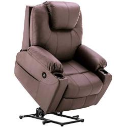 Mcombo Electric Power Lift Recliner Chair Sofa with Massage and Heat for Elderly, 3 Positions, 2 Side Pockets and Cup Holders, USB Ports, Faux Leather 7040 (Medium, Light Brown)