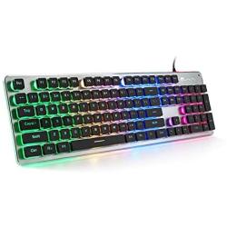 LANGTU Membrane Gaming Keyboard, Colorful LED Backlit Quiet Keyboard for Study, All-Metal Panel USB Wired 25 Keys Anti-ghosting Computer Keyboard 104 Keys - L1 Black/Silver