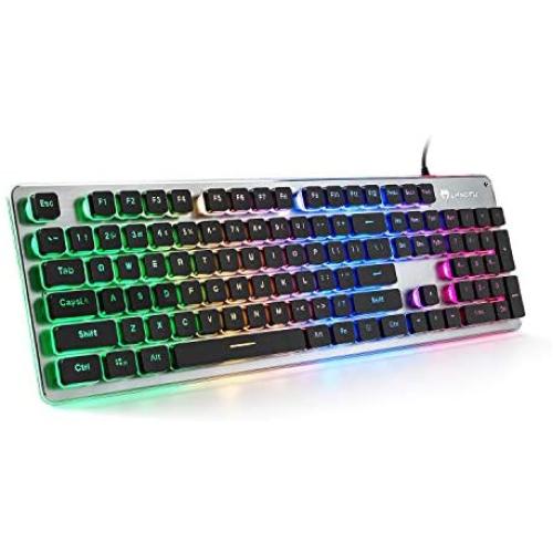 LANGTU Membrane Gaming Keyboard, Colorful LED Backlit Quiet Keyboard for Study, All-Metal Panel USB Wired 25 Keys Anti-ghosting Computer Keyboard 104 Keys - L1 Black/Silver