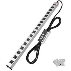 BESTTEN Wide-Spaced 16-Outlet Metal Surge Protector Power Strip with 12ft Long Extension Cord, 450 Joules, 15A Switch with Circuit Breaker, Silver