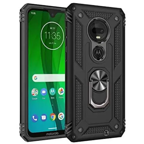 Rebex Compatible with Moto G7 Case Cover,Moto G7+ Plus Case,Tough Heavy Protective 360 Metal Rotating Ring Kickstand Holder Grip Magnetic Metal Armor Heavy Duty Shockproof (Dark Black)