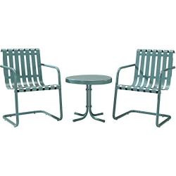 Crosley Furniture Gracie 3-Piece Retro Metal Outdoor Conversation Set with Side Table and 2 Chairs - Caribbean Blue