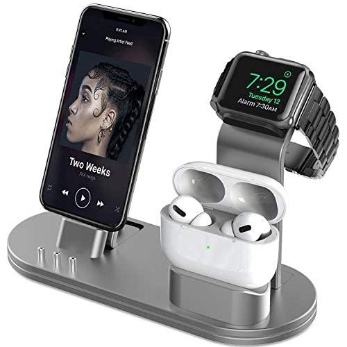 OLEBR Charging Stand 3 in 1 Compatible with AirPods, iWatch Series 6/SE/5/4/3/2/1,Phone 12/12 Pro/ 12 Pro Max/11/11 Pro/11 Pro Max/Xs/X Max/XR/X/8/8Plus/7/7 Plus /6S /6S Plus-Space Gray