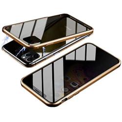 HONTECH Magnetic Case for iPhone 11 Pro, Slim Privacy Magnetic Adsorption Front and Back Tempered Glass with Built-in Screen Protector Metal Bumper Flip Cover 5.8 inch, Gold