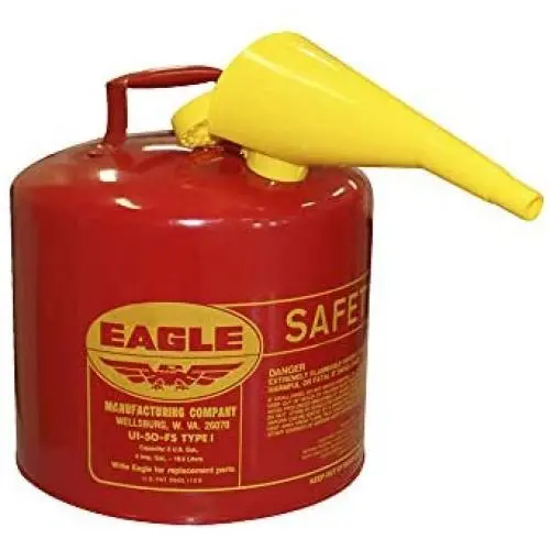 Eagle UI-50-FS Red Galvanized Steel Type I Gasoline Safety Can with Funnel, 5 gallon Capacity, 13.5'' Height, 12.5'' Diameter,Red/Yellow Eagle UI-50-FS Red Galvanized Steel Type I Gasoline Safety Can with Funnel, 5 gallon Capacity, 13.5'' Height, 12.5'' Diameter,Red/Yellow