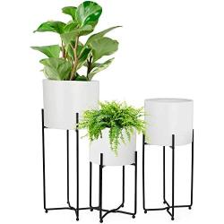 Mid Century White Planter with Black Plant Stand, 3 pcs Modern Planters for Indoor Plants, Metal Floor Planter Set with Foldable Stand Indoor Outdoor (Pack of 3)