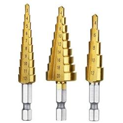 Volterin Titanium Step Drill Bit Set Multiple Hole step drill bit 3-Piece Set | Total 24 Sizes | 3-12mm/4-12mm/ 4-20mm, High Speed Steel Drill Bits Set with Double Cutting Blades multiple hole sizes step drill bit set