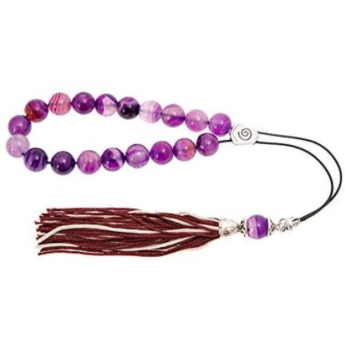 Purple Agate Gemstone, Handmade Greek Worry Beads or Komboloi, Alpaca Metal Parts on a Pure Silk Cord & Tassel