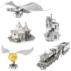 fascinations Metal Earth 3D Metal Model Kits - Harry Potter Set of 5 - The Burrow - Hogwarts Express Train - Hagrids Hut - Golden Snitch - Gringotts Dragon