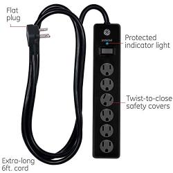 GE Outlet Surge Protector, 6 Ft Extension Cord, Power Strip, 800 Joules, Twist-To-Close Safety Covers, Black, 33661, 6 ft, 6 Ft