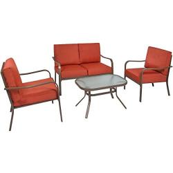 Best Choice Products 4-Piece Cushioned Metal Conversation Set w/ 2 Chairs and Glass Top Coffee Table - Red