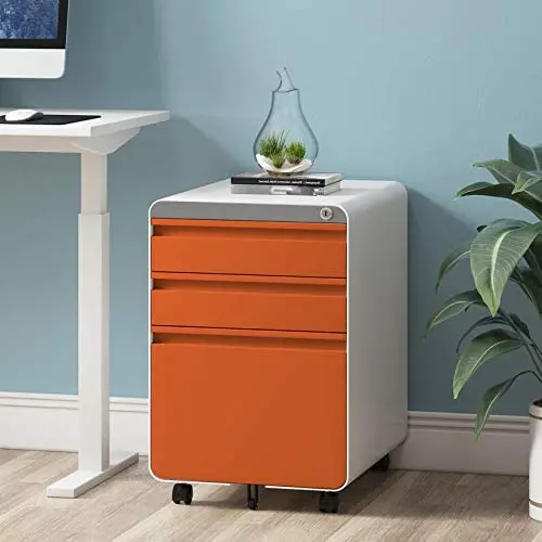 Dprodo 3 Drawers Mobile File Cabinet with Lock, Metal Filing Cabinet for Legal & Letter Size, Locking File Cabinet for Home & Office Full-Extension Drawers, Orange