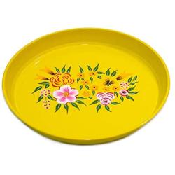 Hand Painted Round Serving Tray - by Indian Artisans Painted on Stainless Steel in Floral Design for Entertaining and Decor - 11” Diameter - Bonus Hand Painted Cotton Bag