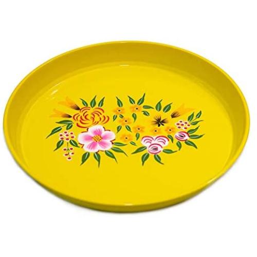 Hand Painted Round Serving Tray - by Indian Artisans Painted on Stainless Steel in Floral Design for Entertaining and Decor - 11” Diameter - Bonus Hand Painted Cotton Bag