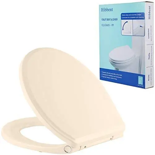 Hibbent Premium One Click Round Toilet Seat with Cover - Easy Installation and Quick-Release Removable for Cleaning - Stable Metal Hinge - Soft Closed - Almond/Bone(Round)