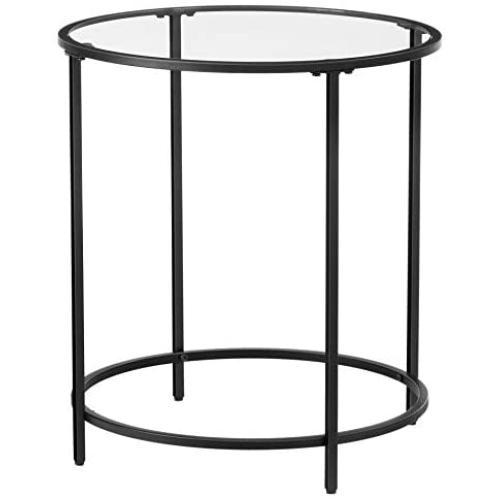 VASAGLE Round Side Table, Glass End Table with Metal Frame, Small Coffee Accent Table, Bedside Table, Modern Style, for Living Room, Balcony, Bedroom, Black ULGT020B01