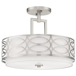 Kira Home Sienna 15'' 3-Light Semi Flush Mount Ceiling Light, White Fabric Shade + Glass Diffuser, Brushed Nickel Finish