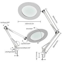 YOUKOYI LED Magnifying Lamp Metal Swing Arm Magnifier Lamp - Stepless Dimming, 3 Color Modes, 5X Magnification, 4.1'' Diameter Glass Lens, Adjustable Industrial Clamp for Reading/Office/Work (White)