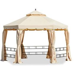 Erommy 12FT Outdoor Canopy Gazebo Hexagonal Double Roof Patio Gazebo Steel Frame Pavilion with Netting and Shade Curtains for Garden,Patio,Party Canopy-Beige