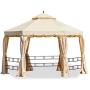 Erommy 12FT Outdoor Canopy Gazebo Hexagonal Double Roof Patio Gazebo Steel Frame Pavilion with Netting and Shade Curtains for Garden,Patio,Party Canopy-Beige