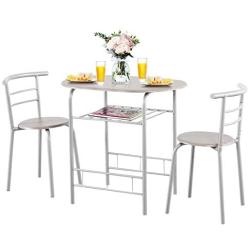 Giantex 3 Piece Dining Set Compact 2 Chairs and Table Set with Metal Frame and Shelf Storage Bistro Pub Breakfast Space Saving for Apartment and Kitchen (Silver & Natural)