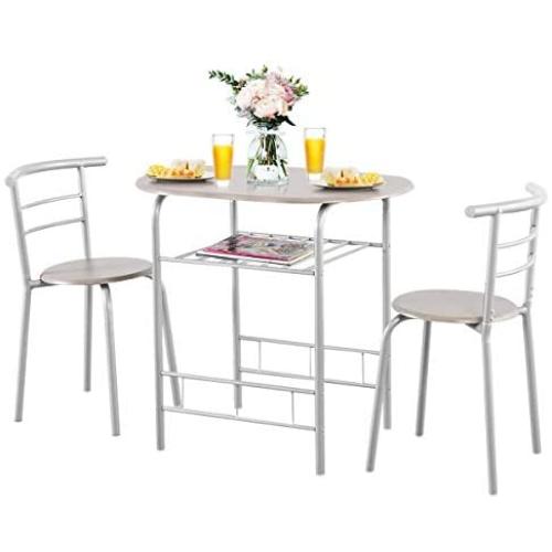 Giantex 3 Piece Dining Set Compact 2 Chairs and Table Set with Metal Frame and Shelf Storage Bistro Pub Breakfast Space Saving for Apartment and Kitchen (Silver & Natural)
