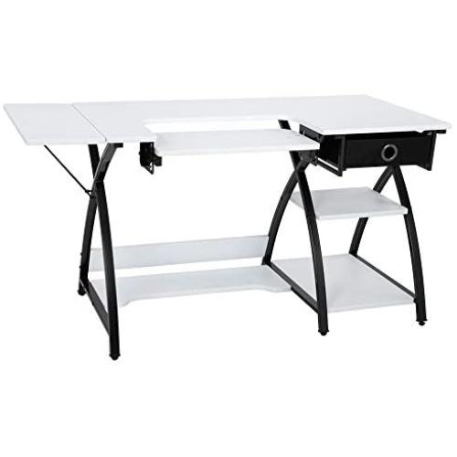 TUFFIOM 57-Inch Sewing Craft Table, Specialized Sewing Machine Shelf, Enlarged Cutting Space, Sturdy Multifunctional Computer Desk with Storage Drawer, Adjustable Height, Ideal for Home Indoor Use