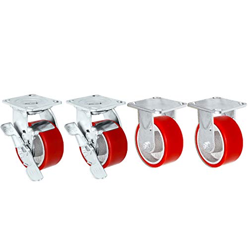 4'' X 2'' Swivel Caster Heavy Duty Red Polyurethane Wheel on Steel Hub with Brakes (2) and Fixed (2) 2,800lbs Per Set of 4 Tool Box Casters - CasterHQ Brand (4'')