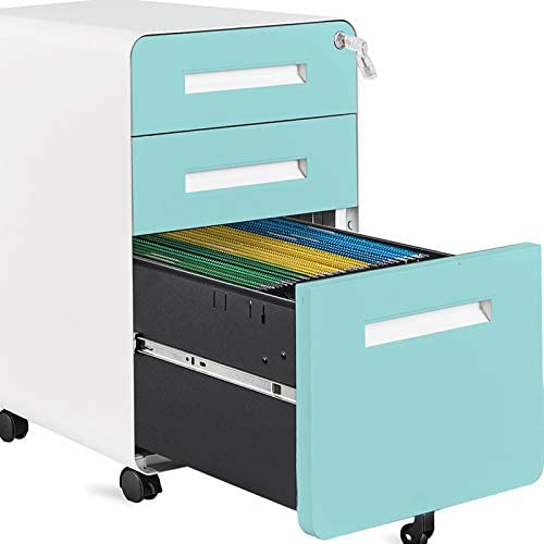 AUTSCA 3 Drawer Mobile Filing Cabinet Office Drawers Vertical File Cabinet with Lock, Legal/Letter/A4 Files, Fully Assembled Except Wheels, Blue