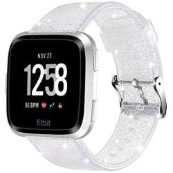 Maxjoy Compatible with Fitbit Versa 2 Bands, Versa Silicone Band Women Waterproof Sweat Resistant Replacement Strap with Metal Buckle Compatible with Fitbit Versa/Versa 2/Versa Lite/Versa SE, Silver